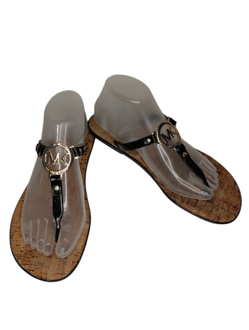 Michael Kors Black and Gold T-Strap Cork Sandals Size 7.5-8